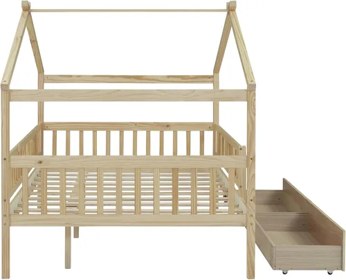 Miniatura 4 de Cama de casa matrimonial para niños, cama Montessori de tamaño matrimonial con 2 cajones de almacenamiento, barandillas y techo, cama