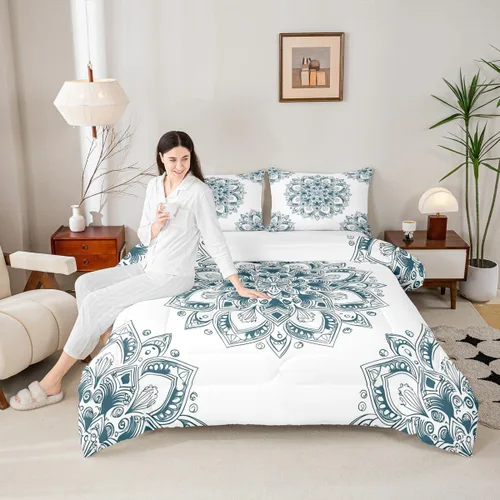 Miniatura 2 de Erosebridal Chic - Juego de edredón de flores tamaño Queen, juego de ropa de cama estética con mandala, juego de edredón gris turquesa, juego