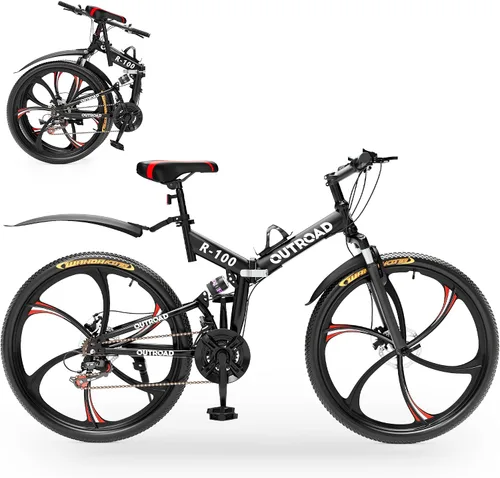 Miniatura 15 de Outroad - Bicicleta de montaña plegable de 26 pulgadas, 21 velocidades, suspensión completa, bicicleta MTB de acero de alto carbono plegable, freno
