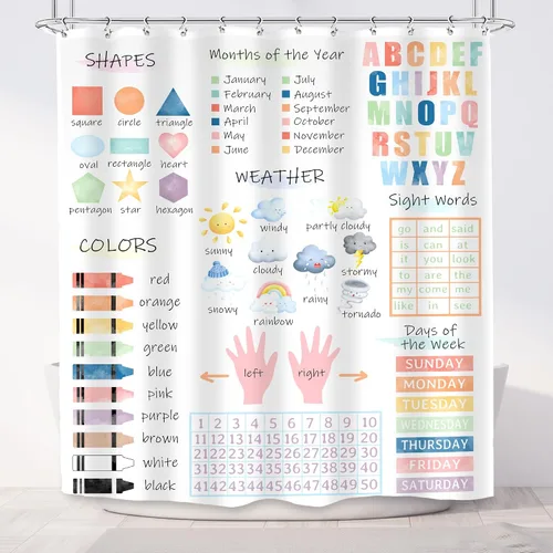 Miniatura 2 de Cortina de ducha educativa para niños, 60 pulgadas de ancho x 72 pulgadas de alto, estilo bohemio, acuarela, alfabeto, números pastel, formas