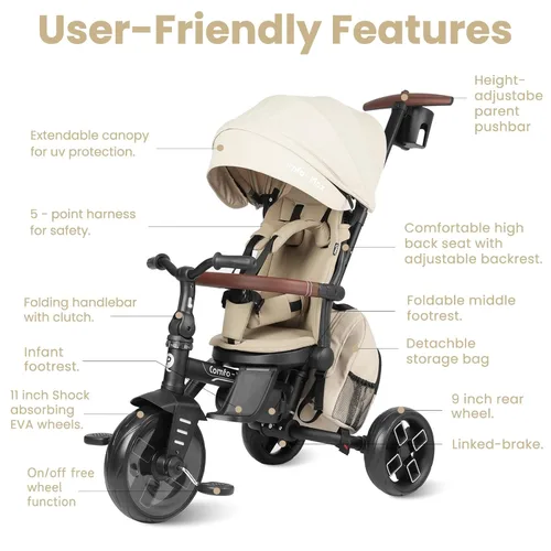 Miniatura 7 de QPlay Cochecito de bicicleta para bebés de 10 meses a 6 años de edad, cochecito plegable 8 en 1 para niños pequeños de 3 a 5 años, triciclo de Beige