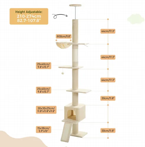 Miniatura 4 de PETEPELA Árbol para gatos de piso a techo, torre alta para gatos de varios niveles, altura ajustable [83 a 108 pulgadas], poste rascador para gatos