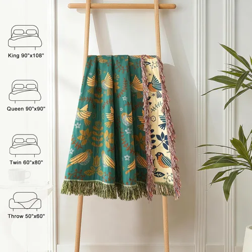 Miniatura 6 de LUTBM Manta bohemia 100% algodón suave con diseño de pájaros y flores, doble bordado, transpirable, para verano, 50 x 60 pulgadas, para todas