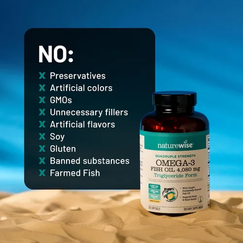Miniatura 11 de NatureWise Aceite de pescado Omega 3 de fuerza cuádruple, 4080 mg, forma natural TG + capturado en estado salvaje, 2450 mg Omega 3 + 1350 mg EPA 900