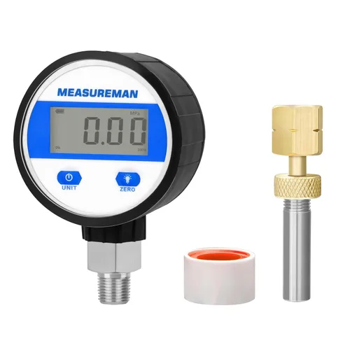 MEASUREMAN Medidor de presión hidráulico digital industrial 0-100psi con adaptador de medidor de latón 1/4NPT hembra, 2-1/2 OAL x 1-2/5" x 1/8"