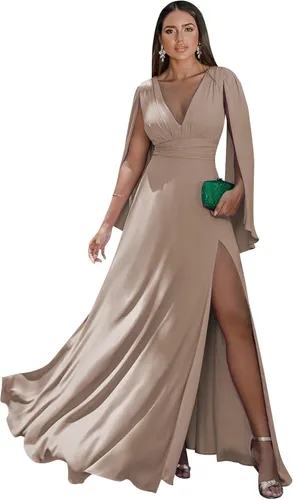Miniatura 19 de Women's Long Sleeve Bridesmaid Dresses V-Neck Chiffon Ruched Formal Dress Evening Gown with Slit