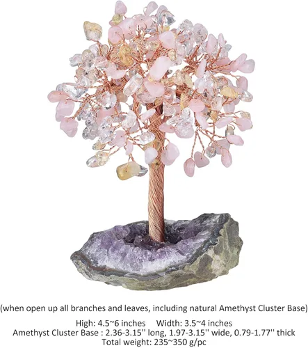 Miniatura 2 de mookaitedecor Árbol de cuarzo rosa natural, cuarzo de roca y cristal citrino con base de cristal de racimo de amatista, figuras de árbol de dinero
