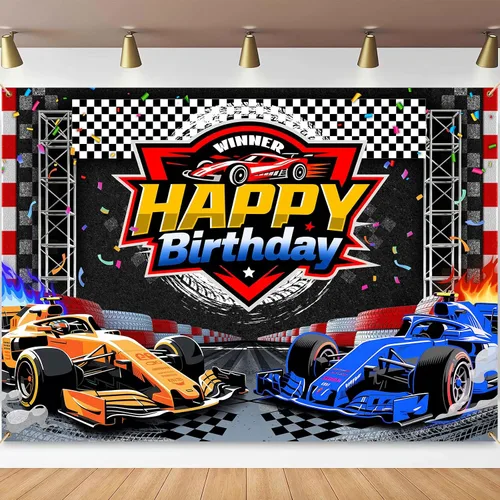 Telón de fondo de feliz cumpleaños de 7 x 5 pies, cartel de fiesta de coche de carreras, pista de carreras, fondo de fotos a cuadros negros y