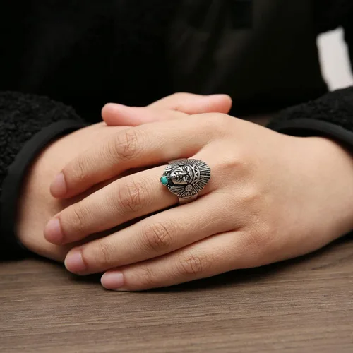 Miniatura 5 de HZMAN Anillo de cabeza de jefe indio para hombres y niños, de acero inoxidable, vintage, nativo americano, tribal, líder, guerrero, cazador