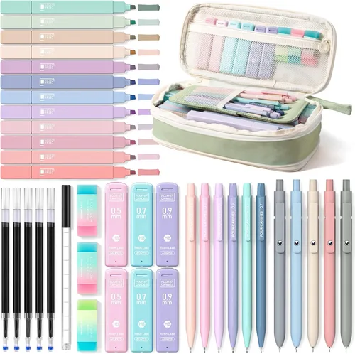 Miniatura 10 de Four Candies 39 piezas de suministros escolares estéticos con bonito estuche para bolígrafos, 12 resaltadores pastel, 5 bolígrafos de gel de tinta