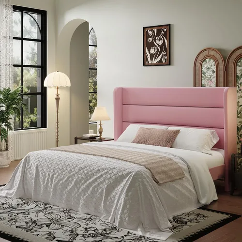 Miniatura 10 de SHA CERLIN - Base de cama tamaño Full con cabecera tapizada en terciopelo y diseño acanalado vertical; plataforma de cama tapizada con listones