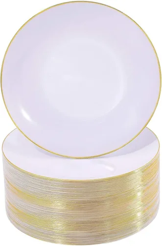 Miniatura 16 de Nervure - Juego de 100 platos de plástico desechables negros de 7.5 pulgadas, platos de postre negros desechables, platos de plástico dorado