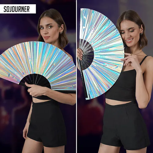 Miniatura 5 de Ventilador holográfico para rave, fanático del orgullo y ventilador de festivales, ventilador plegable grande para festivales, Halloween, burlesque
