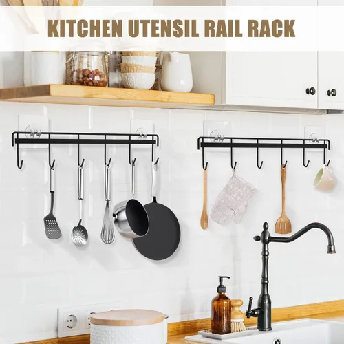 Miniatura 2 de Utensil Hooks Wall Utensil Holder Rail with 6 Hooks Kitchen Utensils Hanger No Drilling Wall Mounted Adhesive Utensil Hooks for Kitchen, Bathroom