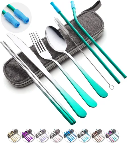Miniatura 11 de Juego de utensilios de viaje con estuche, juego de cubiertos portátiles reutilizables de acero inoxidable, 8 piezas, incluyendo cuchillo de cena
