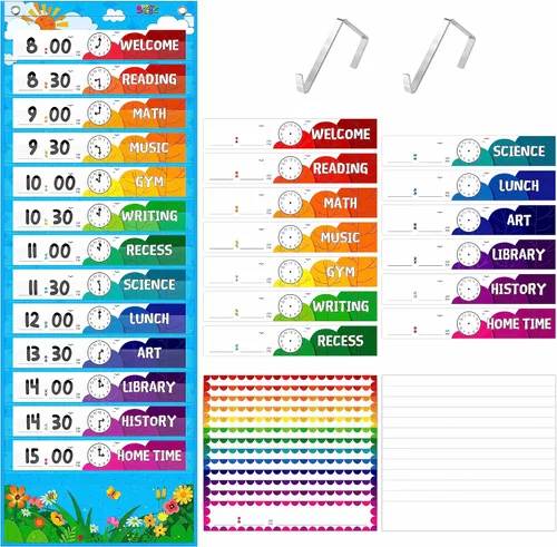 Miniatura 8 de Tabla de bolsillo para horario diario, tablas de aula con 13+1 bolsillos, 13 tarjetas de colores reutilizables de doble cara, 13 en blanco y 2