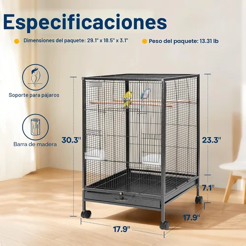 Miniatura 7 de VIVOHOME - Jaula de hierro forjado de 30 pulgadas de altura con soporte rodante para loros, cotorras, agapornis, cacatúas