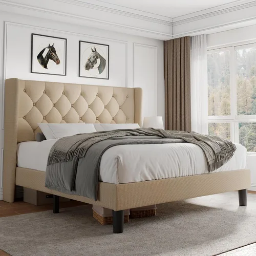 Miniatura 17 de iPormis - Base de cama tapizada de tamaño completo con cabecera capitonada con botones, base de cama tapizada con listones de madera sólidos, 20 cm