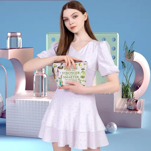 Miniatura 5 de MEIKIUP Bolsa de maquillaje de rana, bolsas de cosméticos de viaje de rana, eres más valiente más fuerte de lo que piensas bolsa con cremallera