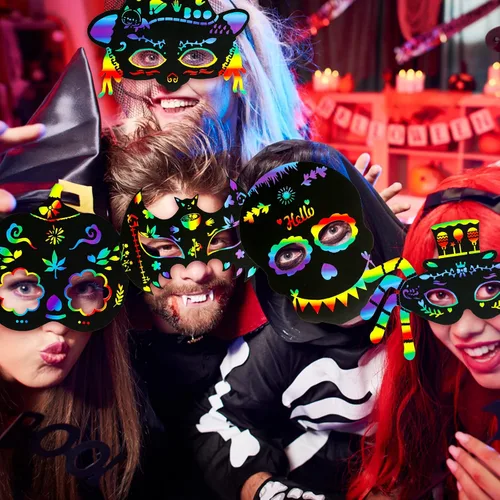 Miniatura 6 de MGparty Juego de 24 máscaras de rascar de Halloween para manualidades, arte de papel mágico para niños, actividades en el aula, recuerdos de fiesta