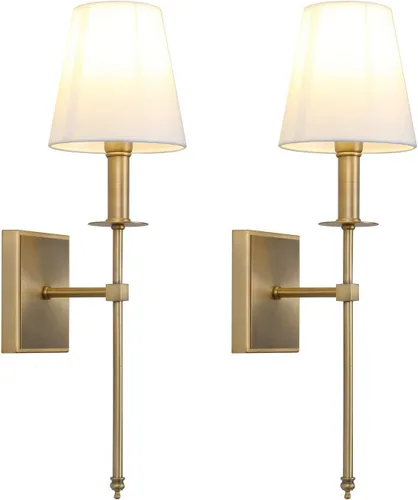 Miniatura 10 de PERMO - Juego de 2 lámparas de pared industriales rústicas clásicas con pantalla de tela blanca acampanada y soporte de columna cónico negro
