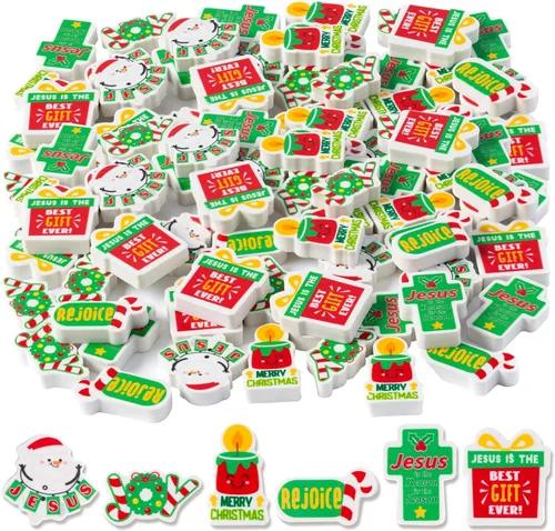 ANGOLIO 60Pcs Borradores Mini de Dibujos Animados Cristianos en Paquete Grande para Navidad Feliz, Borradores de Lápiz con Motivo de Cruz Religiosa