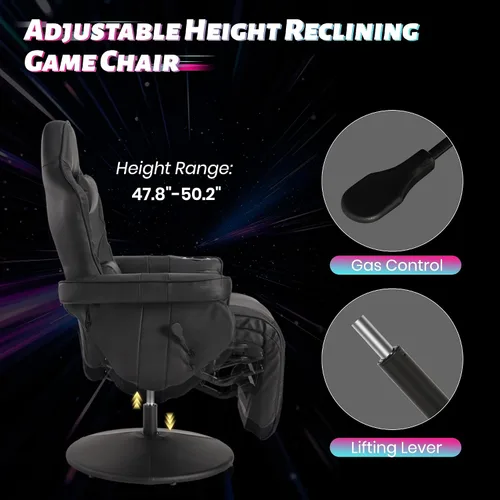 Miniatura 8 de Silla reclinable con altura ajustable, silla de juegos de PU con masaje, reposapiés largo y soporte lumbar, silla giratoria de respaldo alto