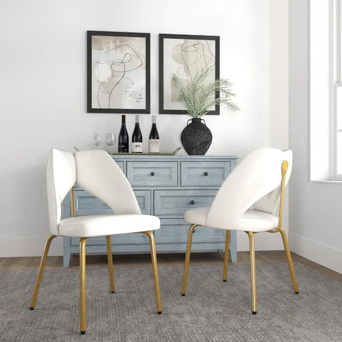 Miniatura 11 de Juego de 6 sillas de comedor tapizadas de 36.6 pulgadas, sillas de comedor modernas con marco de metal dorado y respaldo, silla de comedor de piel