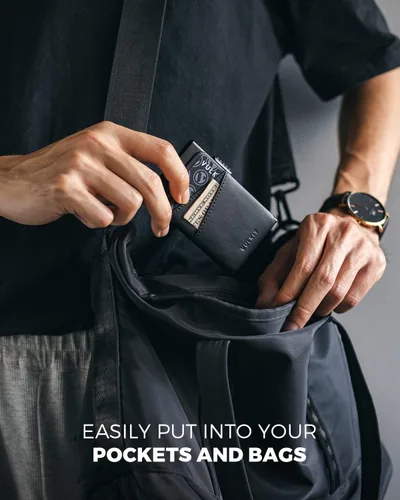 Miniatura 6 de VULKIT Cartera desplegable con ranuras de cuero extra con bloqueo RFID, funda delgada de metal para tarjetas, Negro