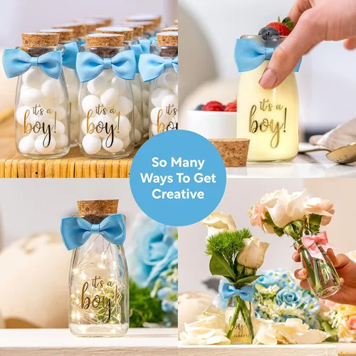 Miniatura 5 de Ethisa Paquete de 24 botellas de vidrio de leche vintage con cintas y calcomanías, regalos elegantes de baby shower para invitados y centros de ¡Es