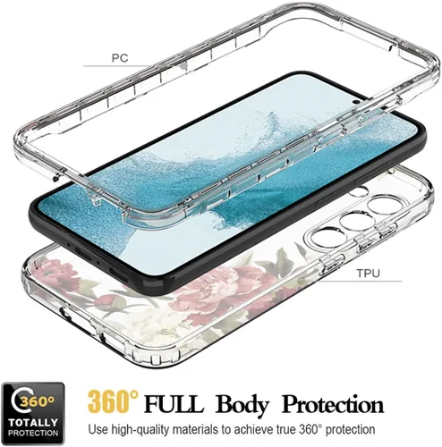 Miniatura 3 de Funda para Galaxy S23 con protector de pantalla de vidrio templado, funda protectora de cuerpo completo con bonito patrón floral transparente