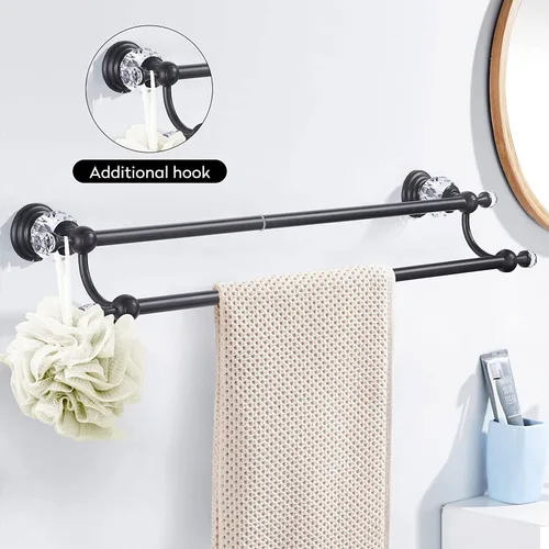Miniatura 4 de WINCASE Toallero de cristal, toallero ajustable doble negro mate, colgador de toallas de baño, soporte para toallas montado en la pared