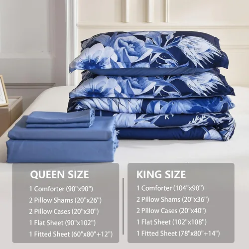Miniatura 7 de Luxudecor Juego de edredón floral tamaño King de 7 piezas, cama de flores azul marino en una bolsa, elegante edredón floral con juego de sábanas