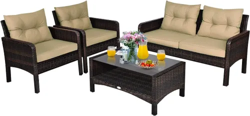 COSTWAY Juego de muebles de patio de 4 piezas, sofá modular de mimbre con cojín, sofá biplaza, mesa de centro con vidrio templado y estante, juegos