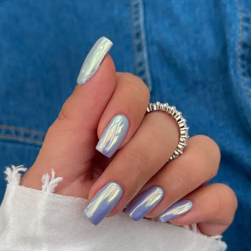Miniatura 22 de Uñas Postizas Cuadradas de Cromo Púrpura Cortas Medianas para Presionar, KQueenest Uñas Acrílicas Falsas de Plateado Metálico Espejo para Presionar