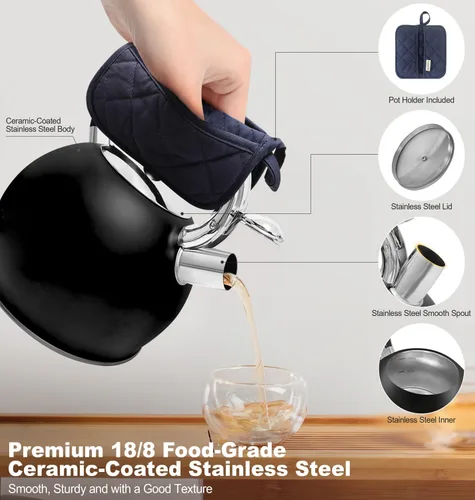 Miniatura 4 de Hervidor de té de acero inoxidable, tetera de té, tetera silbante vintage para estufa, duradera y resistente al óxido, con un soporte para olla
