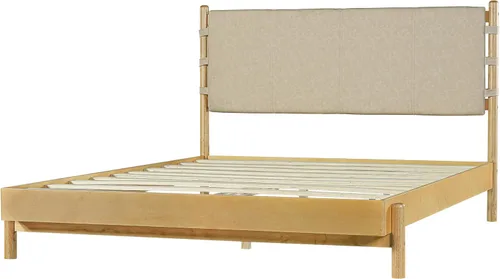 Miniatura 6 de Moderno juego de base de cama Queen con 2 mesitas de noche, cama de plataforma de madera beige con cabecero y mesitas de noche a juego