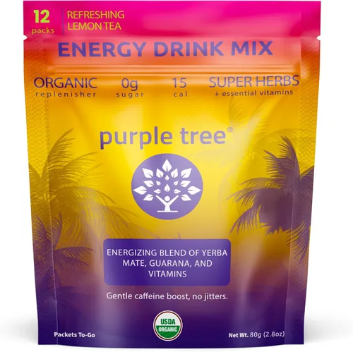 purple tree Paquetes de energía orgánica – Cero azúcar, 80 mg de cafeína natural de yerba mate y guaraná, con vitaminas B12 para una energía suave y