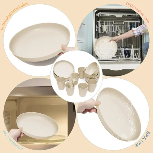 Miniatura 5 de Juego de vajilla de paja de trigo -DAPIPIK 42 piezas de vajilla irrompible para 6, juego de platos y cuencos para la cocina, juego de platos, tazas