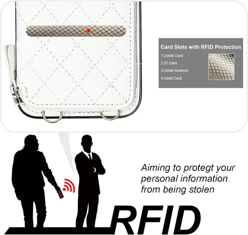 Miniatura 3 de Bocasal Funda tipo cartera cruzada para iPhone 15 Pro, Bolso Cartera con Cremallera de Cuero PU con Bloqueo RFID, Funda Tipo Libro con Tapa Blanco