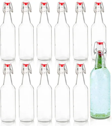Ilyapa Botellas de cerveza de vidrio transparente de 12 onzas para elaboración casera - Paquete de 12 con tapas abatibles para embotellado de cerveza
