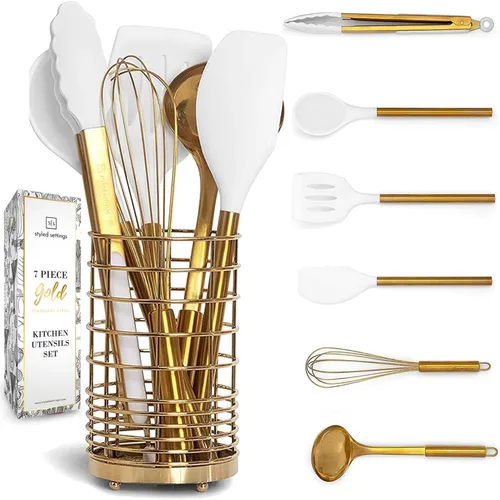 Miniatura 11 de Juego de utensilios de cocina negros y dorados, herramientas de cocina de silicona de 7 piezas con soporte dorado para utensilios de cocina 7 piezas