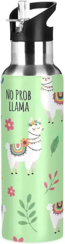 Insulated Stainless Steel Water Bottle with Straw 20 Oz, BPA-Free Sports Water Bottle with Straw for Gym Outdoor Travel School, Cute Llamas Flowers