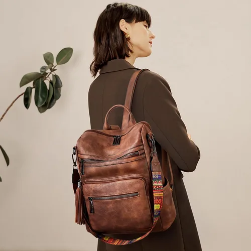 Miniatura 2 de Mochila de cuero Shrrie para mujer, bolso de diseñador de moda para mujer, mochila de viaje convertible, bolso de hombro con muñequera, Mochilas