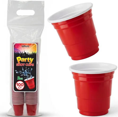 WHISC Vasos de chupito desechables rojos, 2 onzas, paquete de 100 vasos de chupito de plástico a granel para fiestas, gelatinas, degustaciones,
