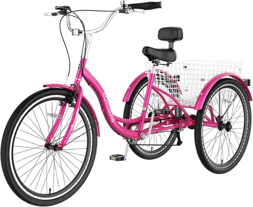 Miniatura 14 de Slsy Triciclo para adultos de 7 velocidades, 20/24/26 pulgadas, bicicleta de 3 ruedas para adultos con cesta de compras grande, capacidad de 350