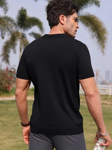 Miniatura 4 de RQP Camisas polo con cremallera para hombre, camisas casuales de punto de manga corta/larga, camisas de golf elásticas ajustadas, suéter suave