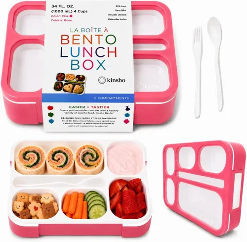 Contenedor de lonchera Bento-Box para niños, niñas, mujeres, kit de 6 compartimentos para porciones escolares, cajas de comida o aperitivos para Rosa