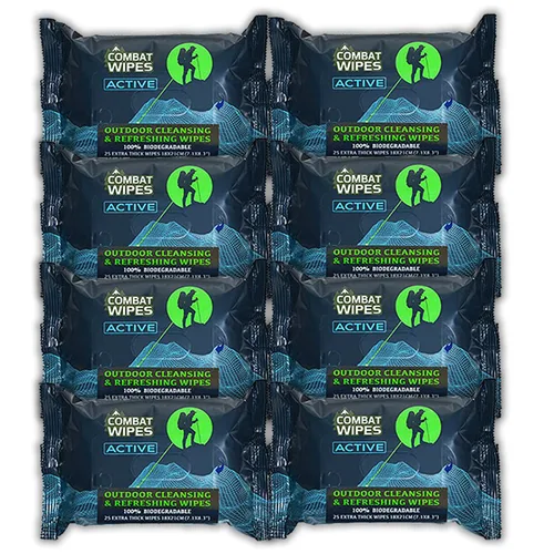 Combat Wipes ACTIVE Toallitas Húmedas para Exteriores - Equipo de Campamento Extra Grueso, Biodegradable, Paños de Limpieza/Refrescantes para Cuerpo