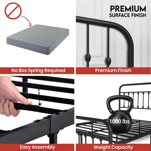 Miniatura 7 de AMBEE21 Golden Gate - Base de cama de metal con cabecera y estribo de hierro forjado victoriano antiguo (negro, matrimonial, Washington)